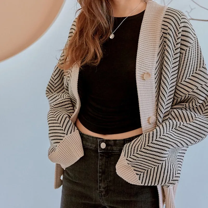 FashionSierra - Casual Knitted Cardigan Oversize Button Front Contrast Stripe Cardigan
